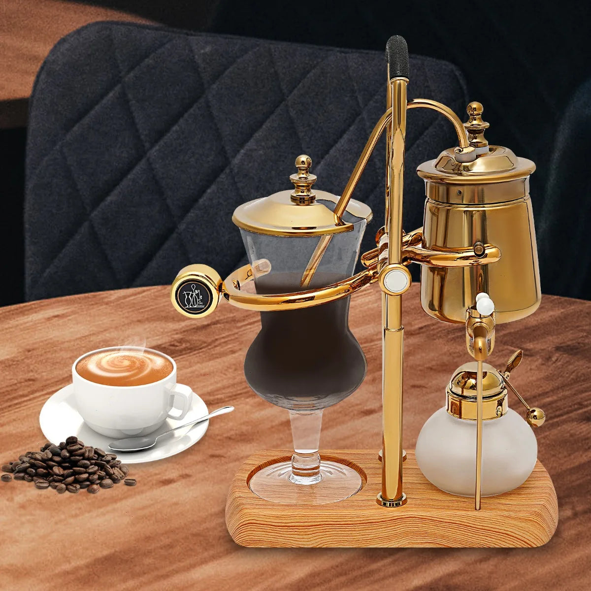 Siphon Coffee Maker, Borosilicate Glass Coffee Pot, Gold Siphon Brewer, Heat Resistant, Stainless Steel Filter, Alcohol Burner Safety Lid, Coffee Brewing Set with Tap, Measuring Cup, Spoon