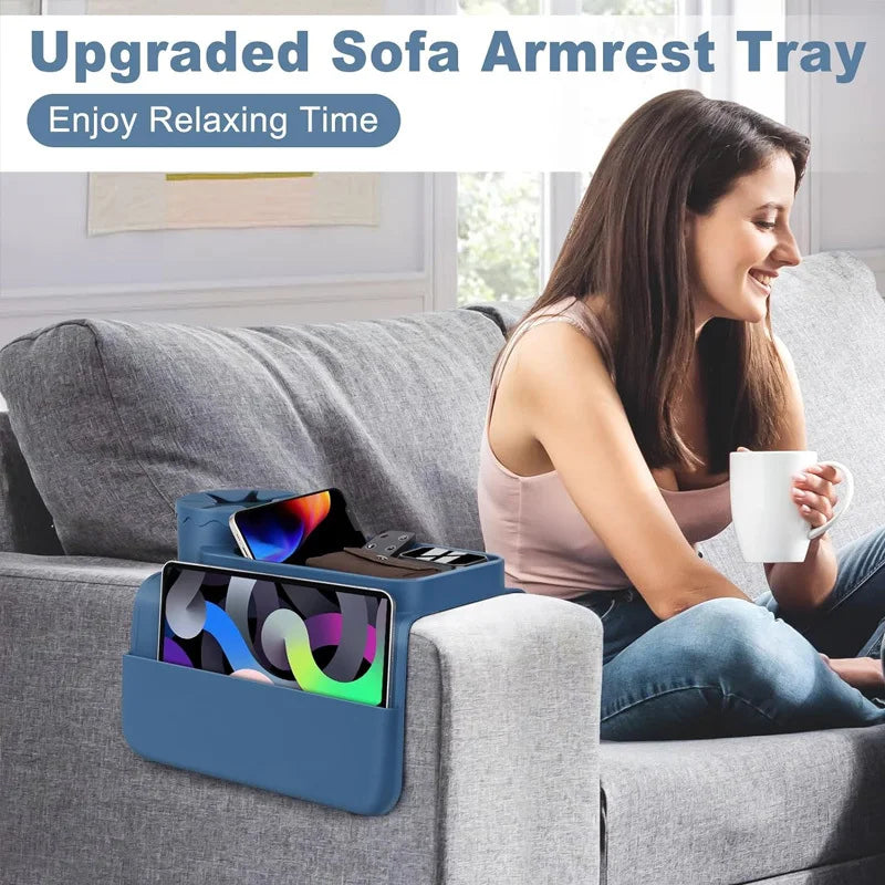 Silicone Sofa Cup Holder, Oversized Anti-Spill & Non-Slip Couch Arm Tray with Side Pocket, Armrest Caddy for Drinks, Phone, Snac