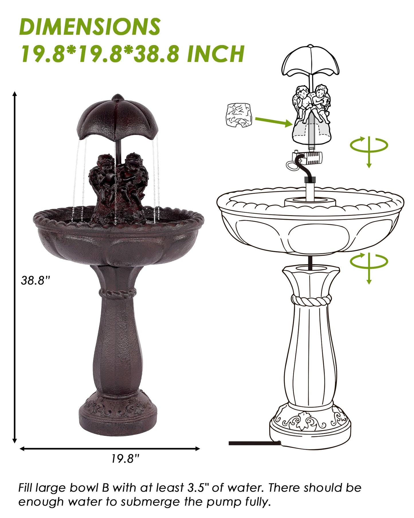 Solar Outdoor Water Fountain Cascading Waterfall With Whisper Quiet Pump