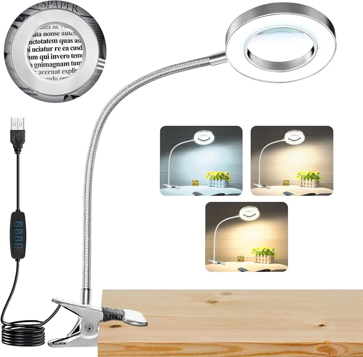 DUMILOO LED Clip On Magnifying Lamp With 5X Lens Gooseneck