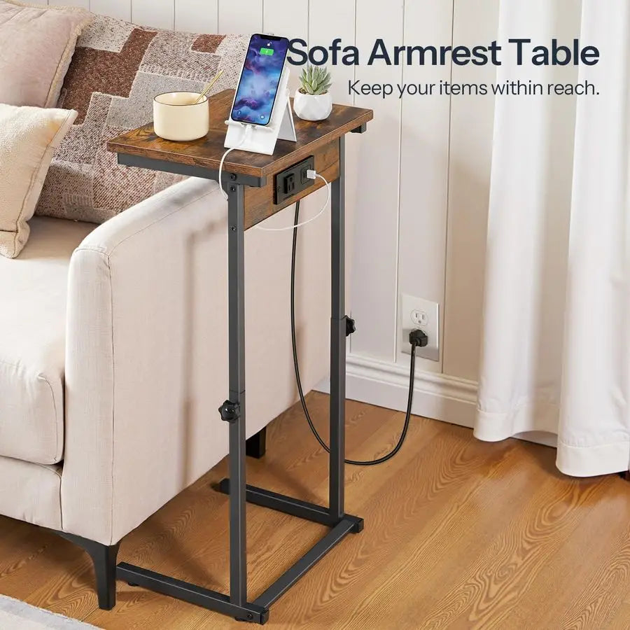 CShaped End Table with Charging Station, Adjustable Height Sofa Tray Arm Table, Slide Under Couch Table, Small C Side Table for