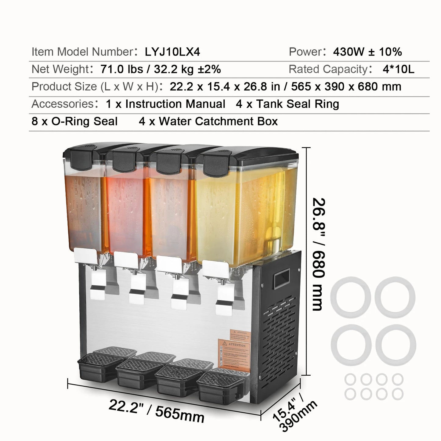 SucceBuy 4 Tanks Commercial Beverage Dispenser 10L/12L Per Tank Juice Dispenser Stainless Steel Ice Tea Drink Machine