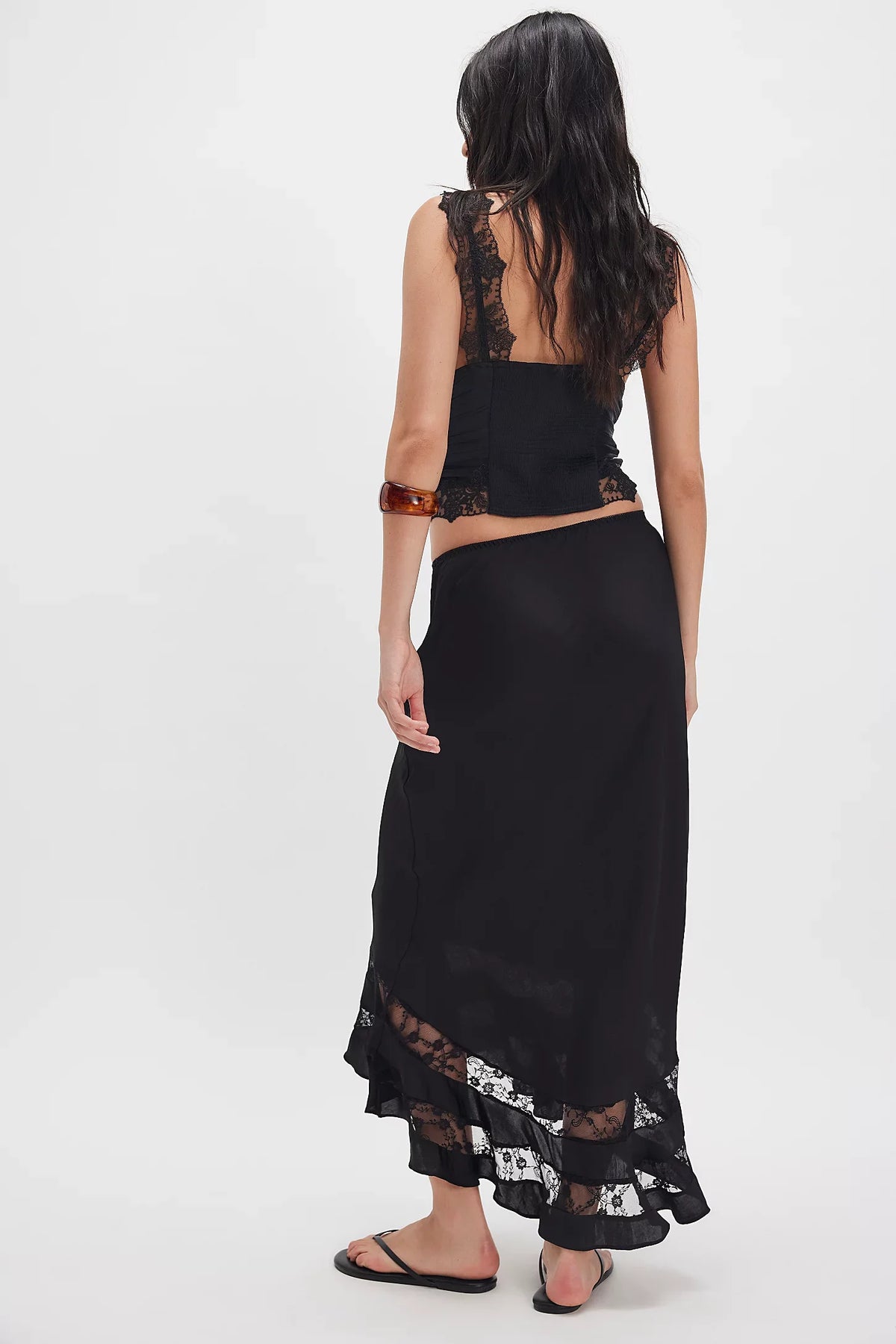 Elegant Satin Lace Ruffle Hem A Line Women's Long Skirt