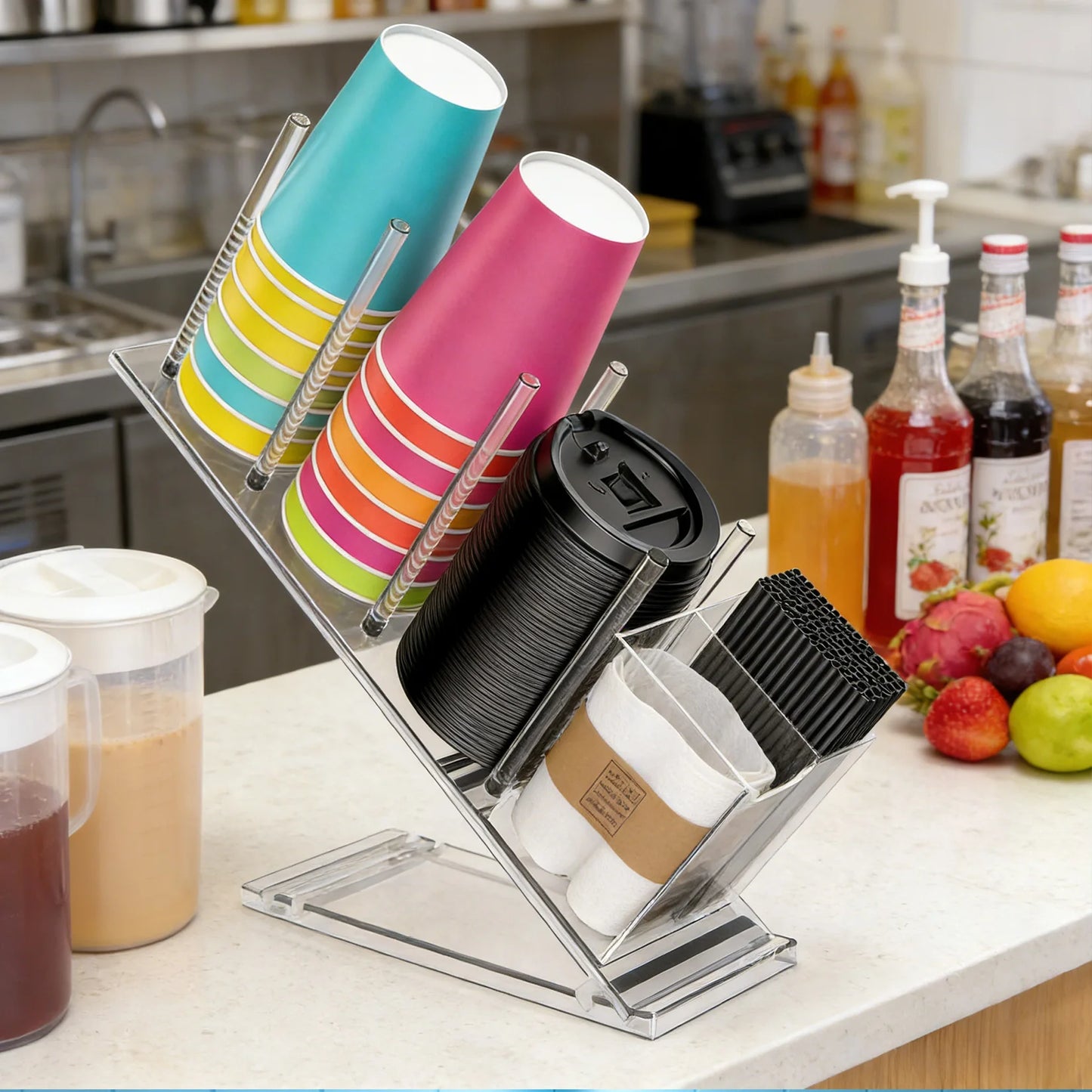Acrylic Coffee Cup Holder Adjustable Disposable Cup Organizer for Coffee Bar Office Counter with Straw Pod Storage coffee pod and straw storage organizer
