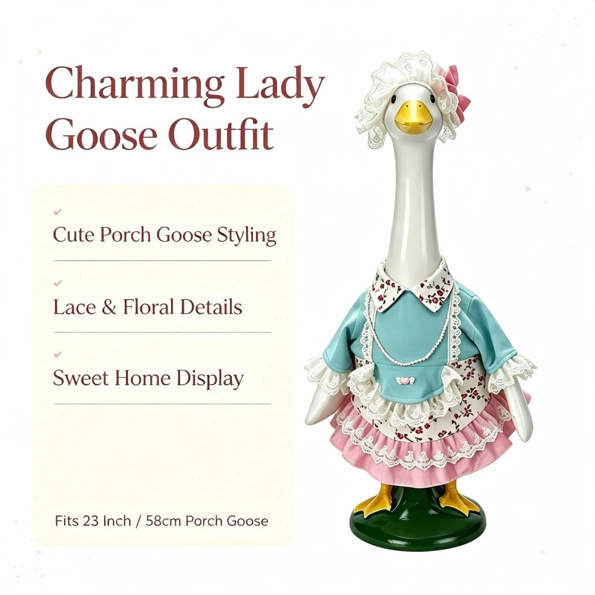 Resin Bronze Goose Statue Floral Lace Dress Hat for Garden Decor
