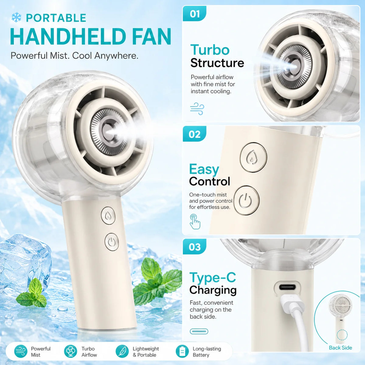 Portable Misting Handheld Fan With Rechargeable Battery For Outdoor Use