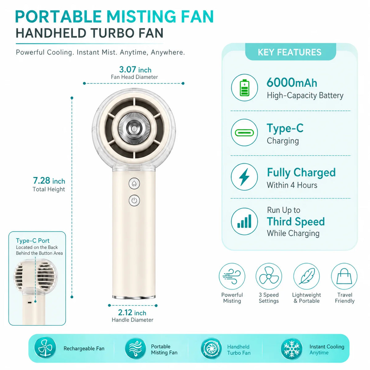 Portable Misting Handheld Fan With Rechargeable Battery For Outdoor Use