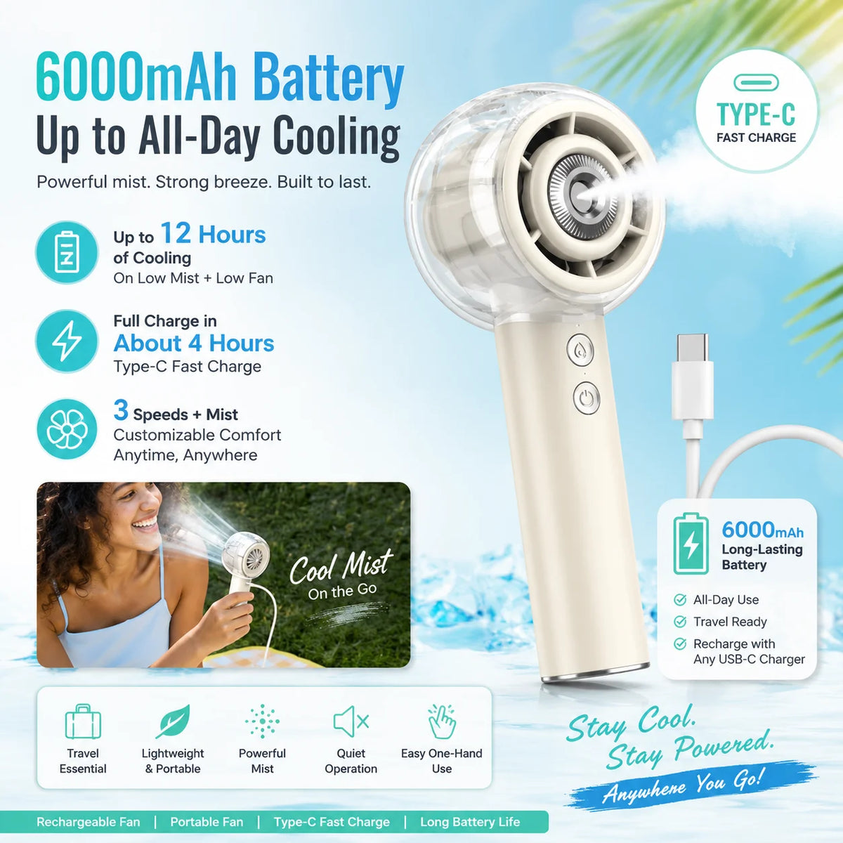 Portable Misting Handheld Fan With Rechargeable Battery For Outdoor Use