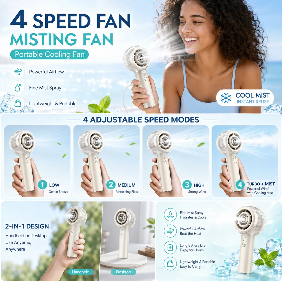 Portable Misting Handheld Fan With Rechargeable Battery For Outdoor Use