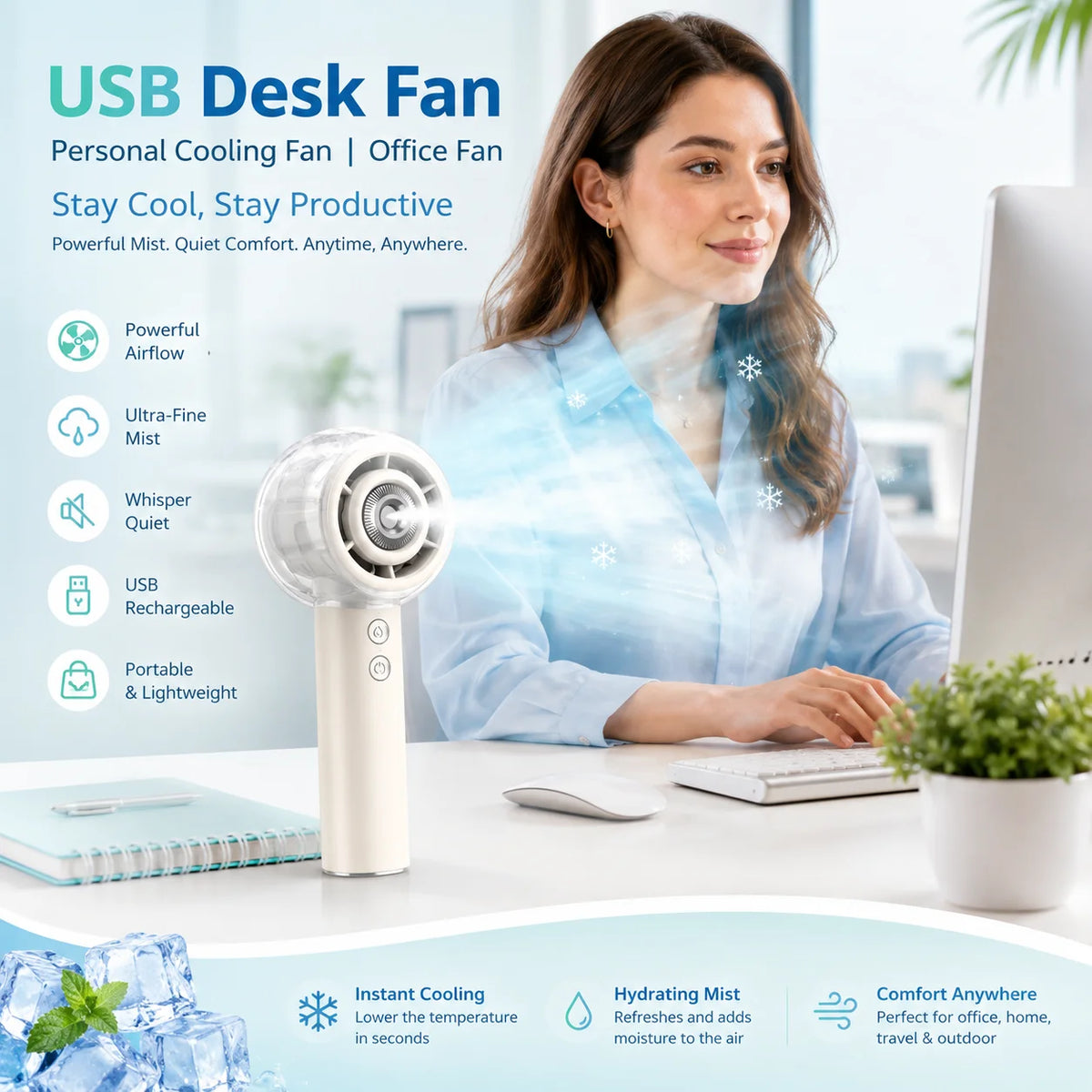 Portable Misting Handheld Fan With Rechargeable Battery For Outdoor Use