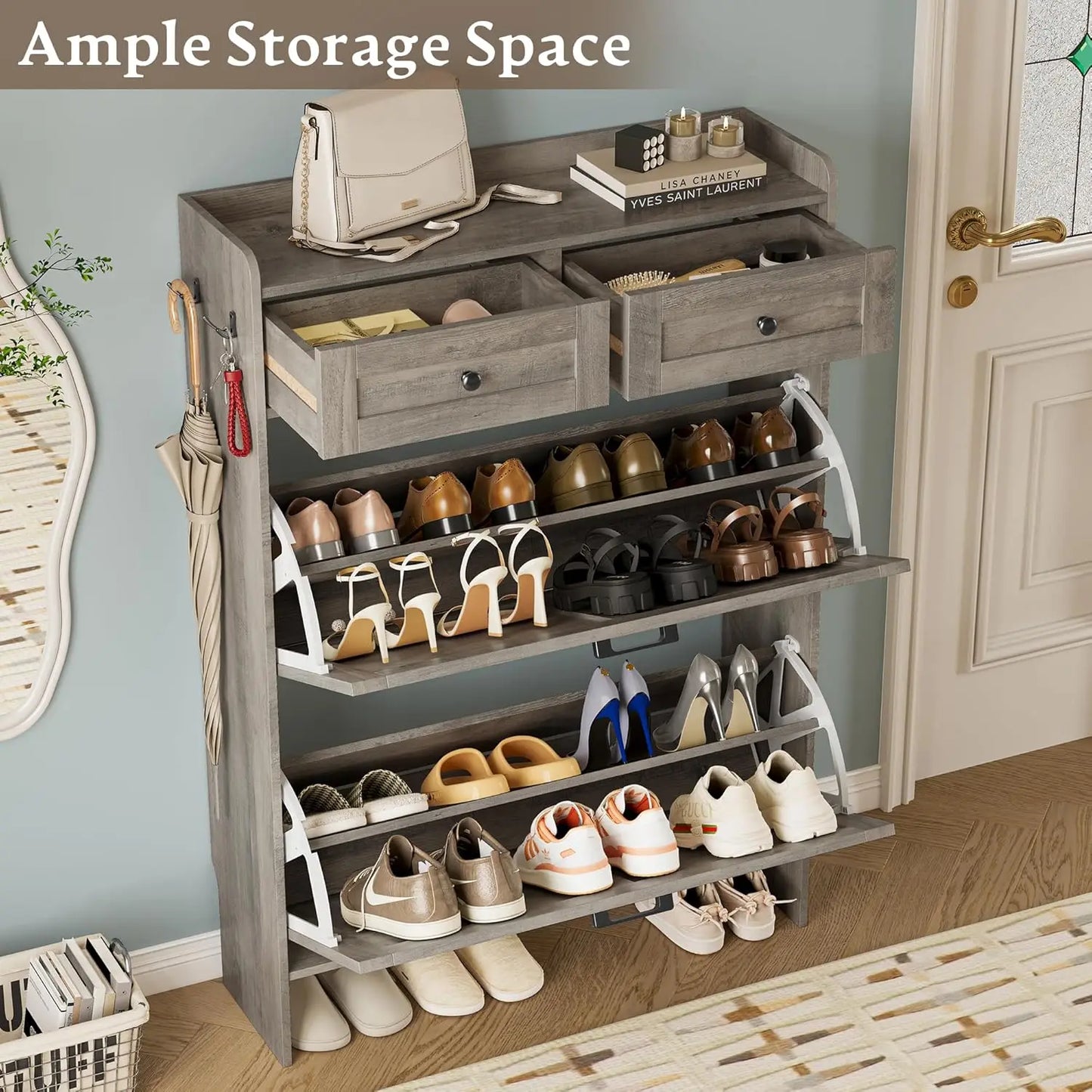 Shoe Storage Cabinet For Entryway Narrow With Drawers And Hooks