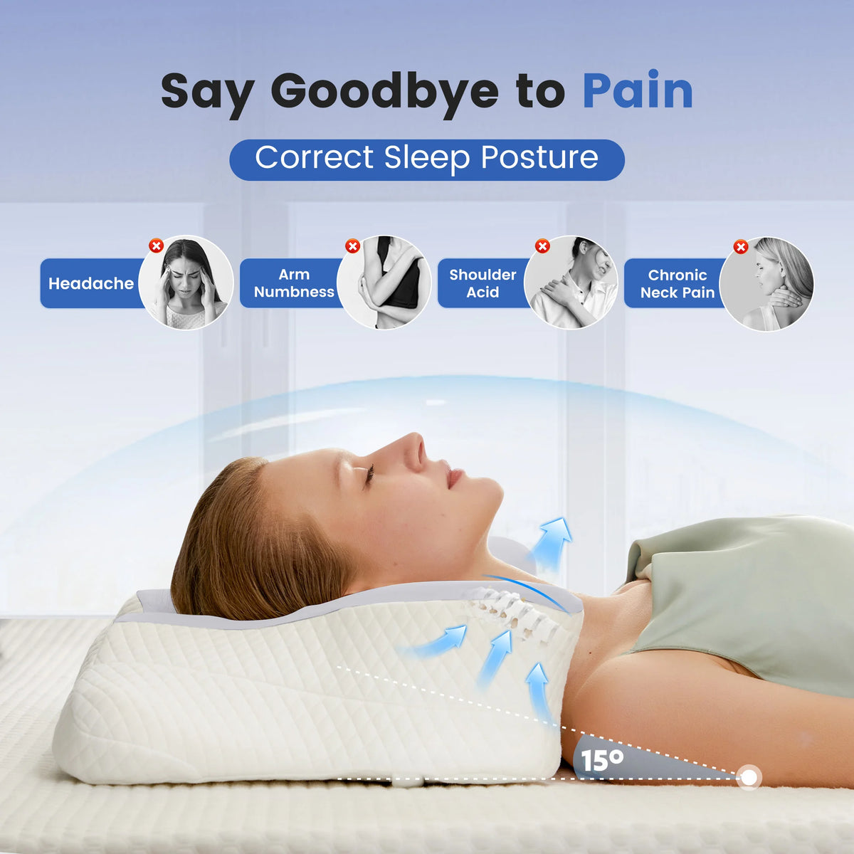 JHK Ergonomic Memory Foam Cervical Contour Pillow With Cooling Pillowcase