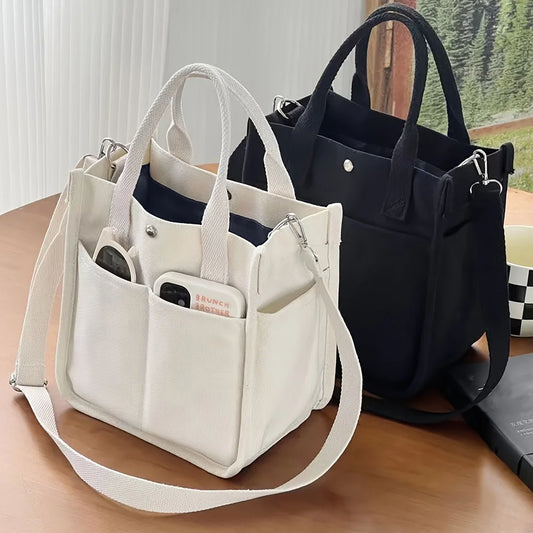 NONECN Small Canvas Tote Bag With Pockets Crossbody For Women