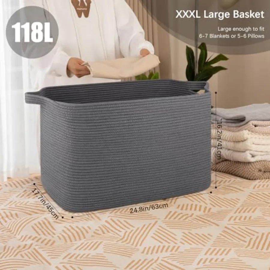 118L Extra Large Blanket Basket, 24.8"x17.7"x16.2" Woven Rope Baskets for Storage, Nursery Blanket Storage for Living Room, Toy