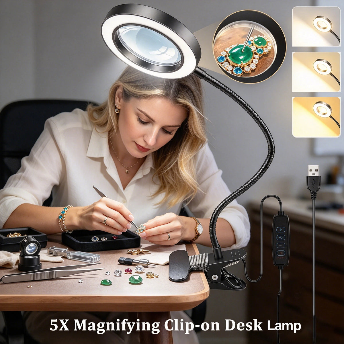 DUMILOO LED Clip On Magnifying Lamp With 5X Lens Gooseneck