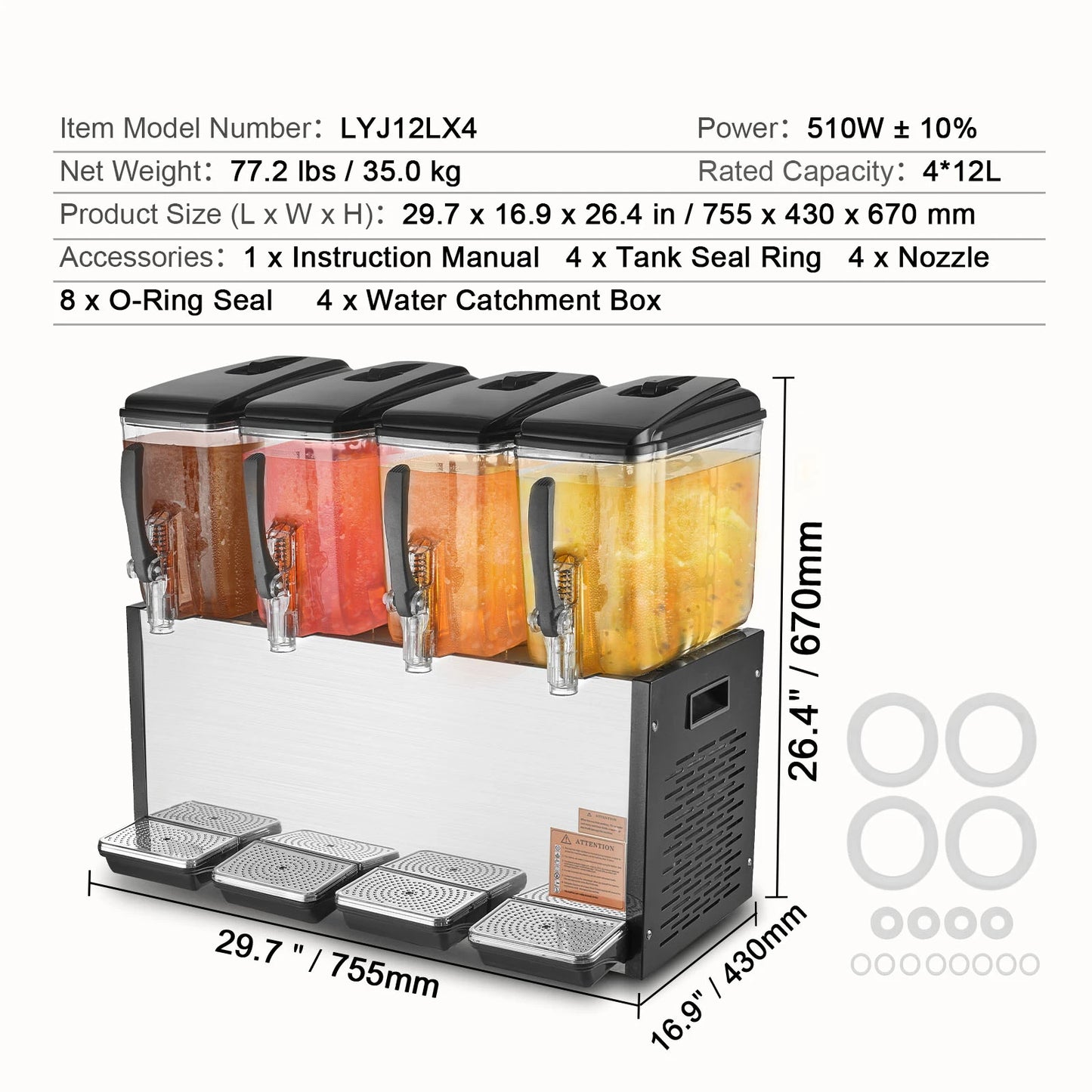 SucceBuy 4 Tanks Commercial Beverage Dispenser 10L/12L Per Tank Juice Dispenser Stainless Steel Ice Tea Drink Machine