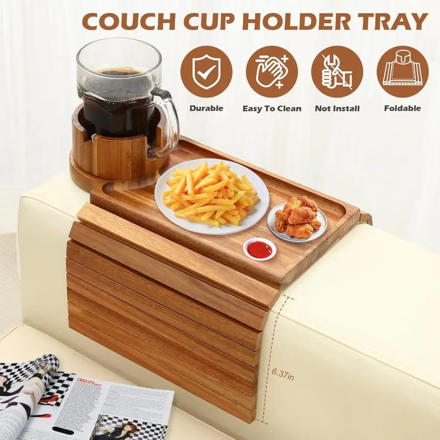 Cup Holder Tray, Acacia Wood Couch Armrest Table with 360 Ratated Phone Holder, 18.99 Flodable AntiSlip Sofa Armrest Tray Tables
