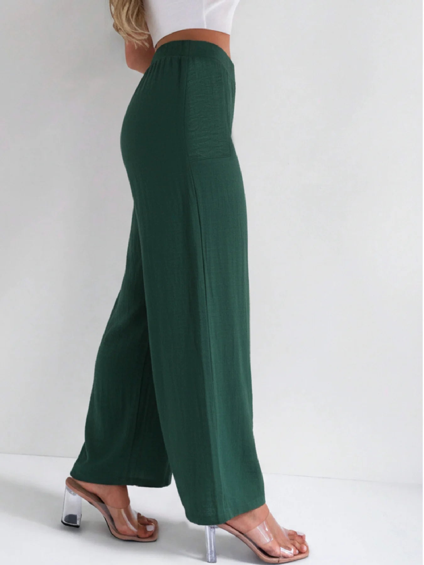 Women High Waist Pleated Wide Leg Polyester Trousers With Pockets
