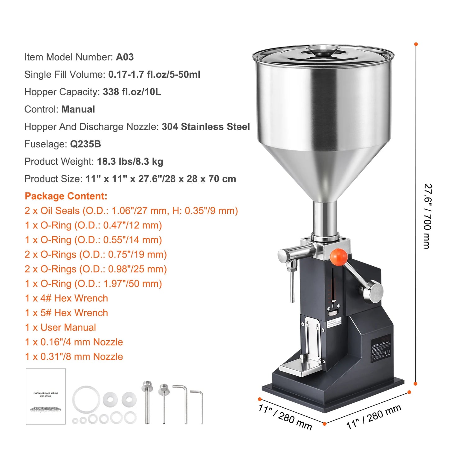 SucceBuy 5-100ml /5-50ml Manual Paste Liquid Filling Machine with Hopper Adjustable Bottle Filler for Milk Water Shampoo Honey