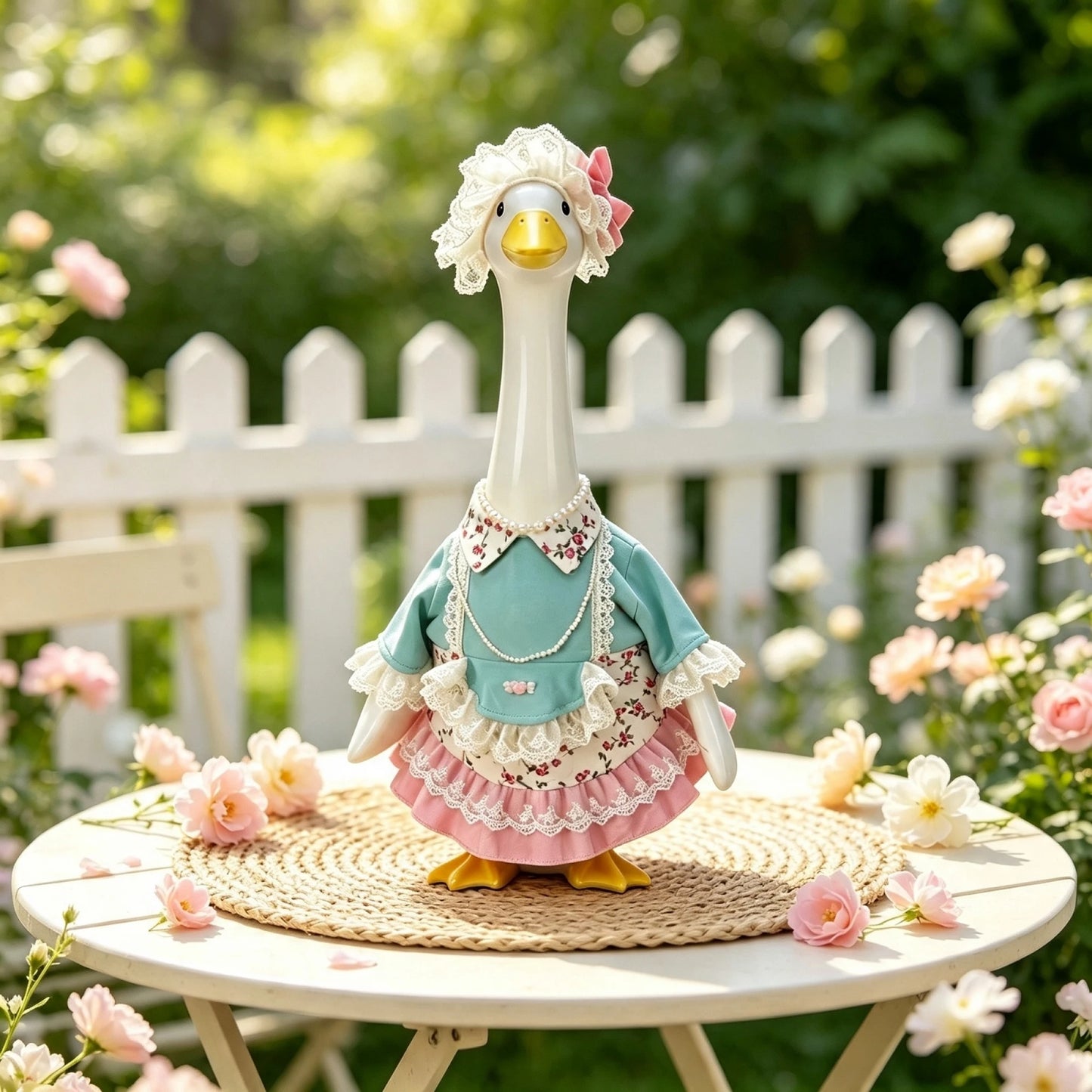 Resin Bronze Goose Statue Floral Lace Dress Hat for Garden Decor