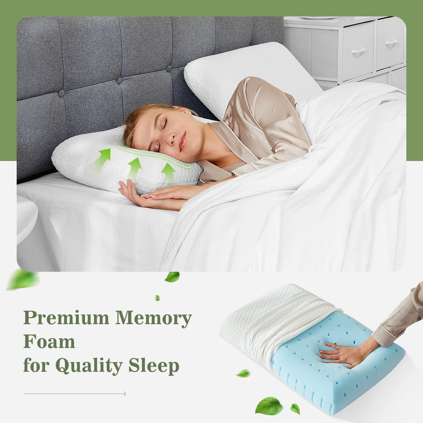 JHK 2-Piece Memory Foam Pillows With Ventilated Removable Covers