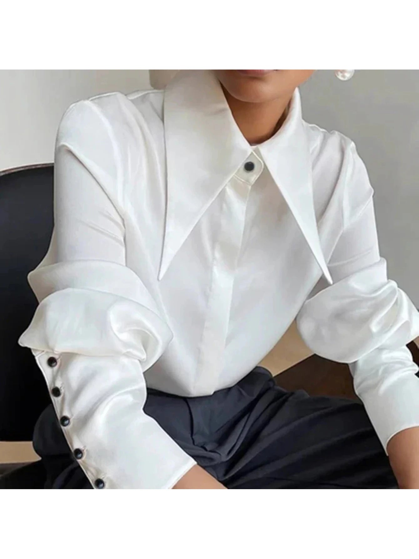 Women Elegant Sharp Point Collar Blouse Long Sleeve Button Office