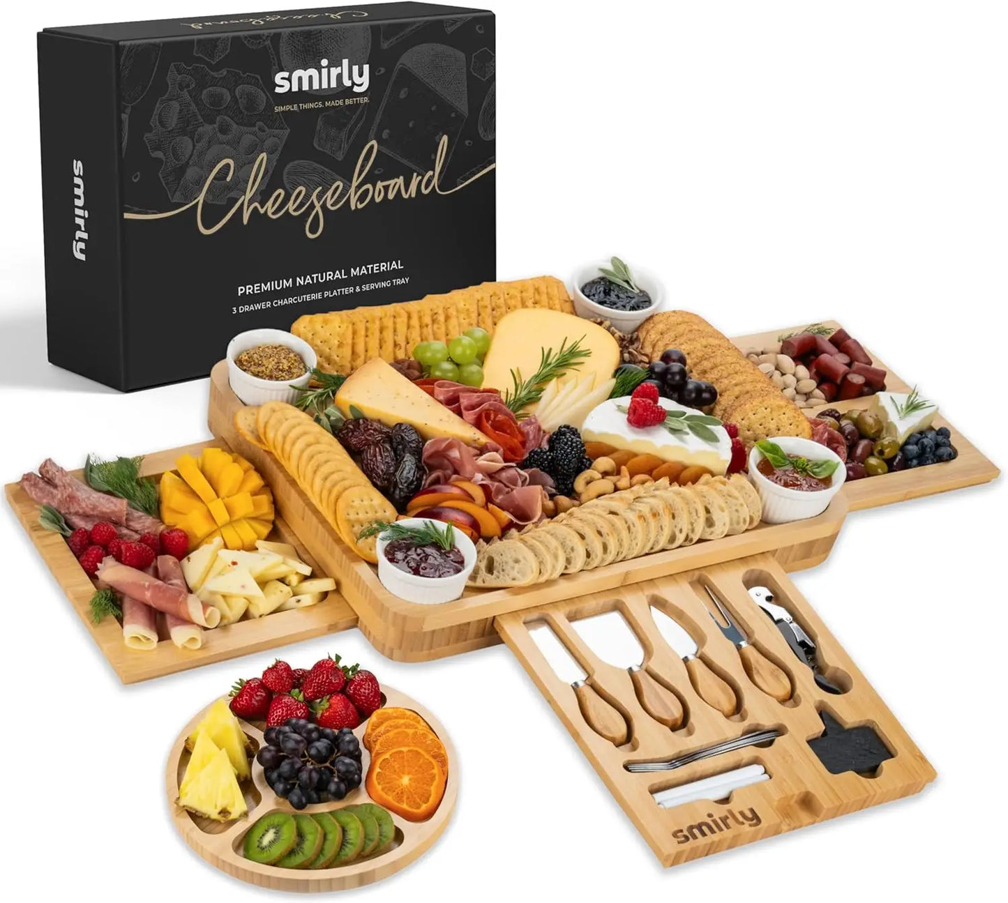 Bamboo Cheese Board Set With Knives And Bowls For Entertaining