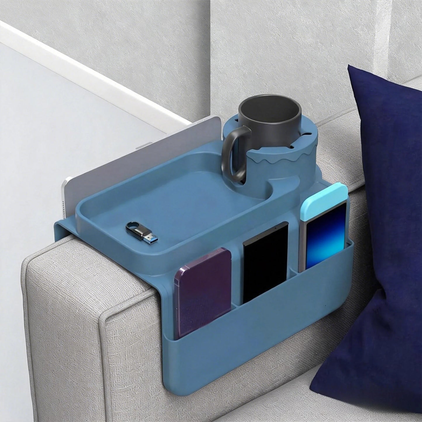 Silicone Sofa Cup Holder, Oversized Anti-Spill & Non-Slip Couch Arm Tray with Side Pocket, Armrest Caddy for Drinks, Phone, Snac
