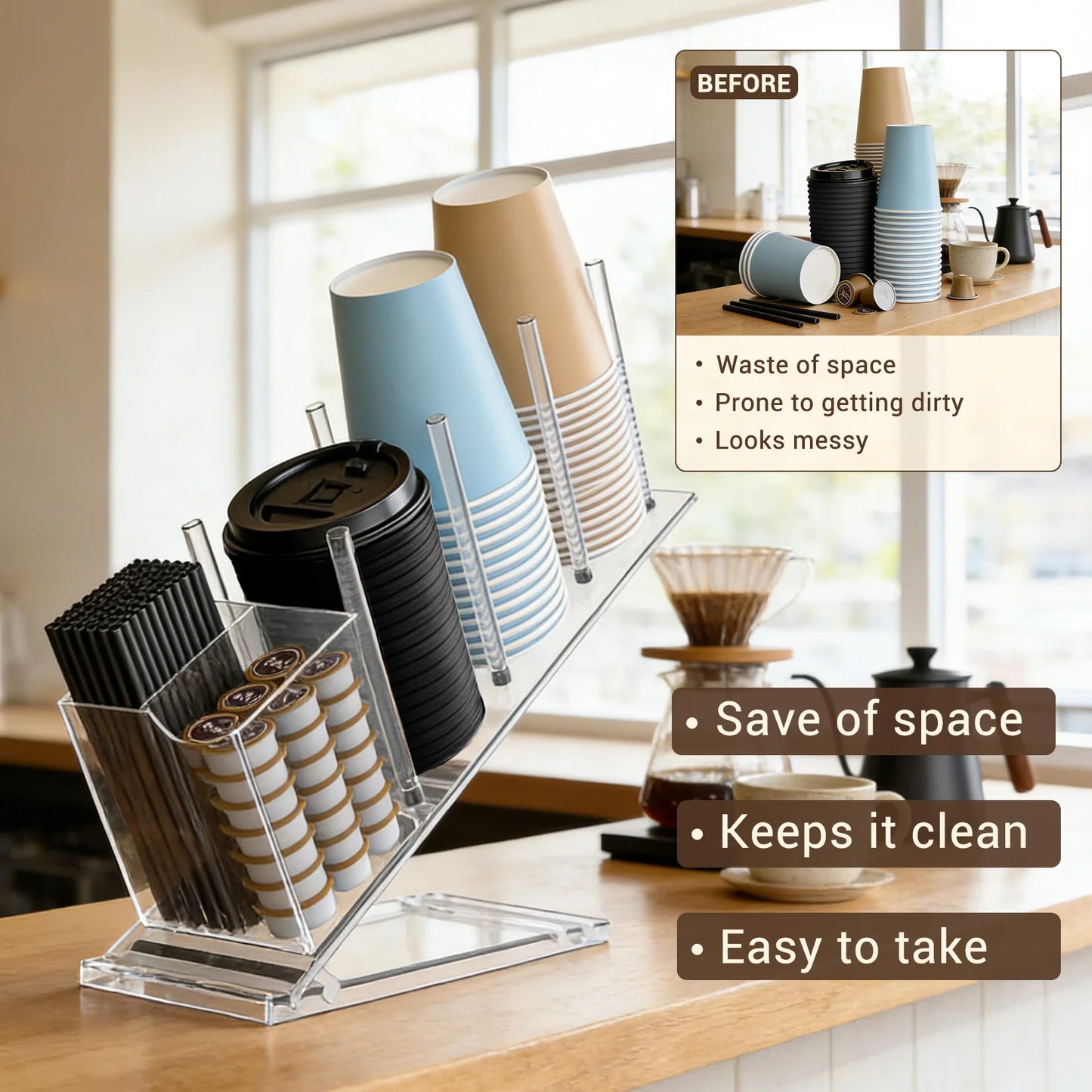 Acrylic Coffee Cup Holder Adjustable Disposable Cup Organizer for Coffee Bar Office Counter with Straw Pod Storage coffee pod and straw storage organizer
