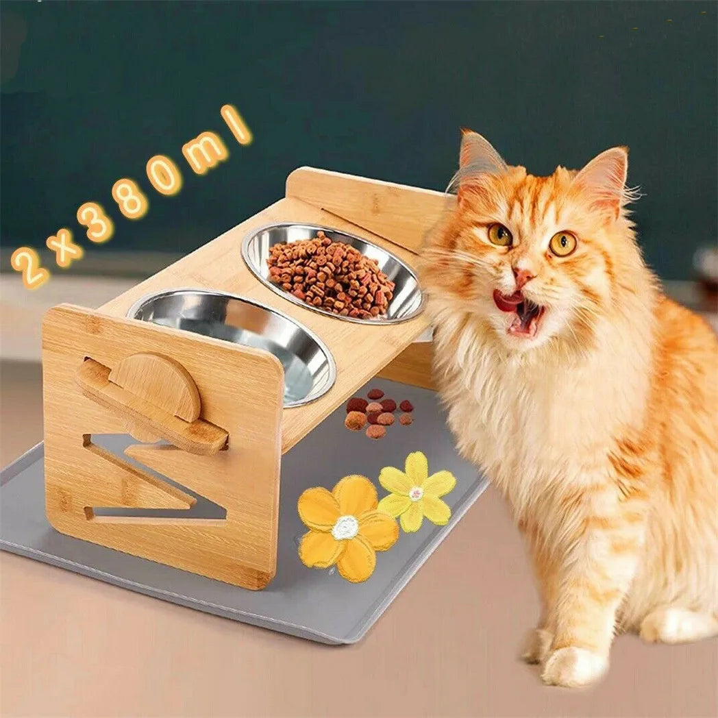 Adjustable Bamboo Raised Dog Bowl Stand with Stainless Steel Bowls