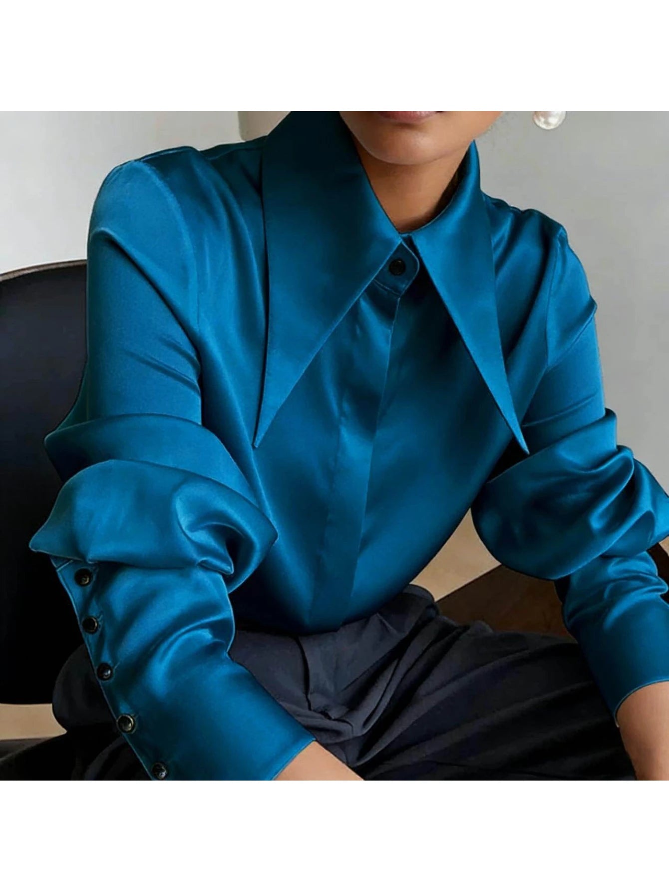 Women Elegant Sharp Point Collar Blouse Long Sleeve Button Office