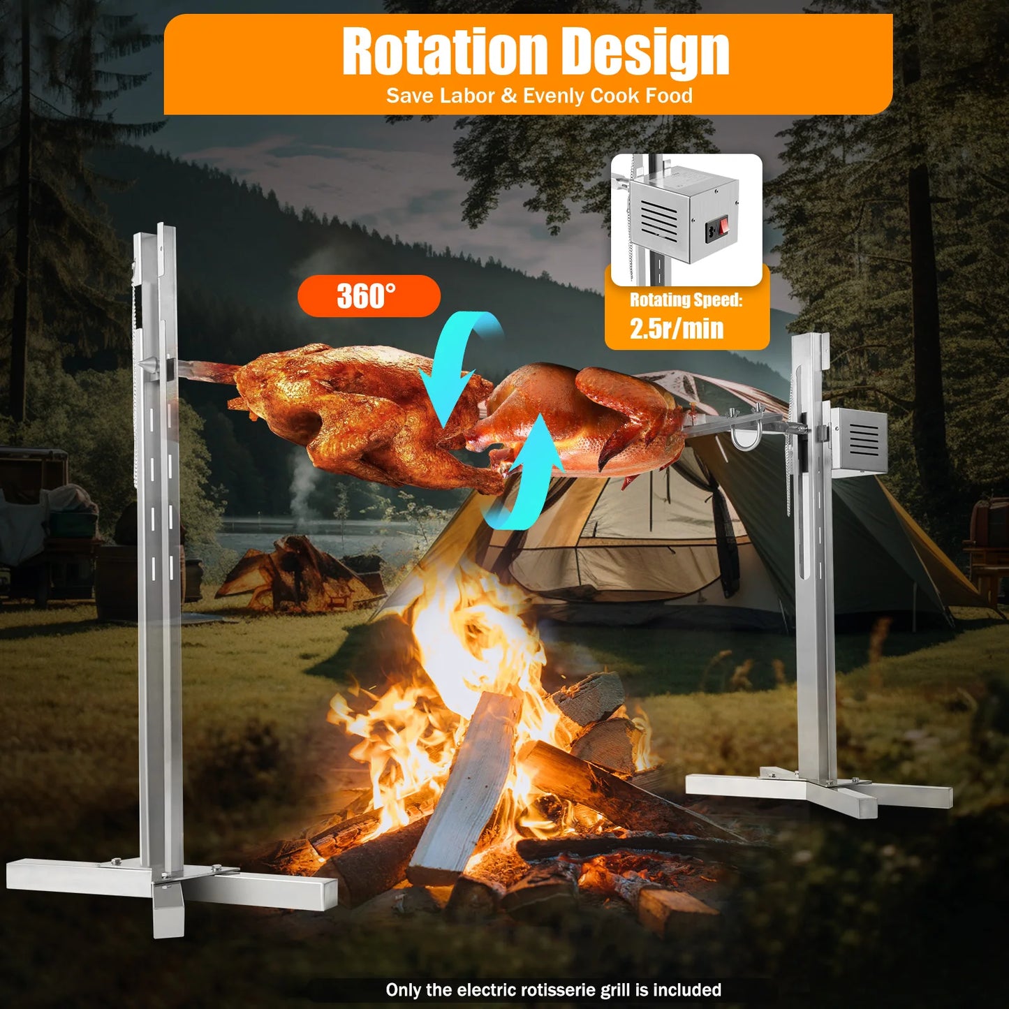 Automatic BBQ Rotisserie Kit Stainless Steel With Height Adjustable Stand
