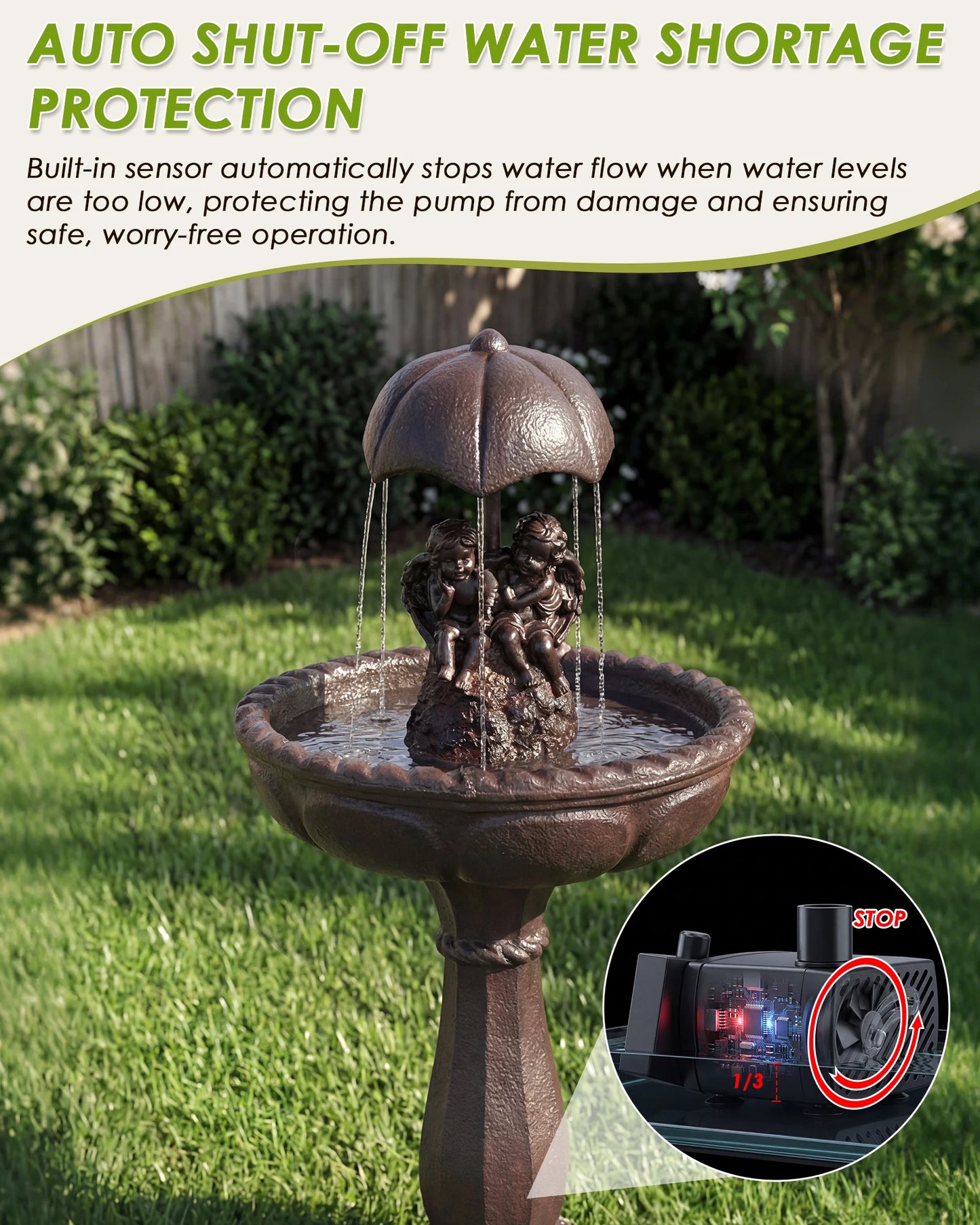 Solar Outdoor Water Fountain Cascading Waterfall With Whisper Quiet Pump
