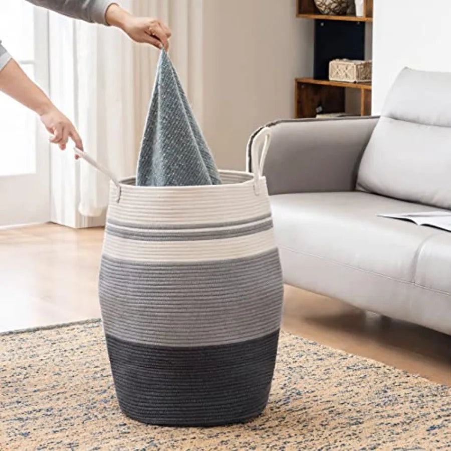 Cotton Rope Laundry Hamper by, 105L - Woven Collapsible Laundry Basket - Clothes Storage Basket for Blankets organizing, Bedroo