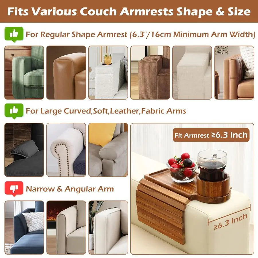 Cup Holder Tray, Acacia Wood Couch Armrest Table with 360 Ratated Phone Holder, 18.99 Flodable AntiSlip Sofa Armrest Tray Tables