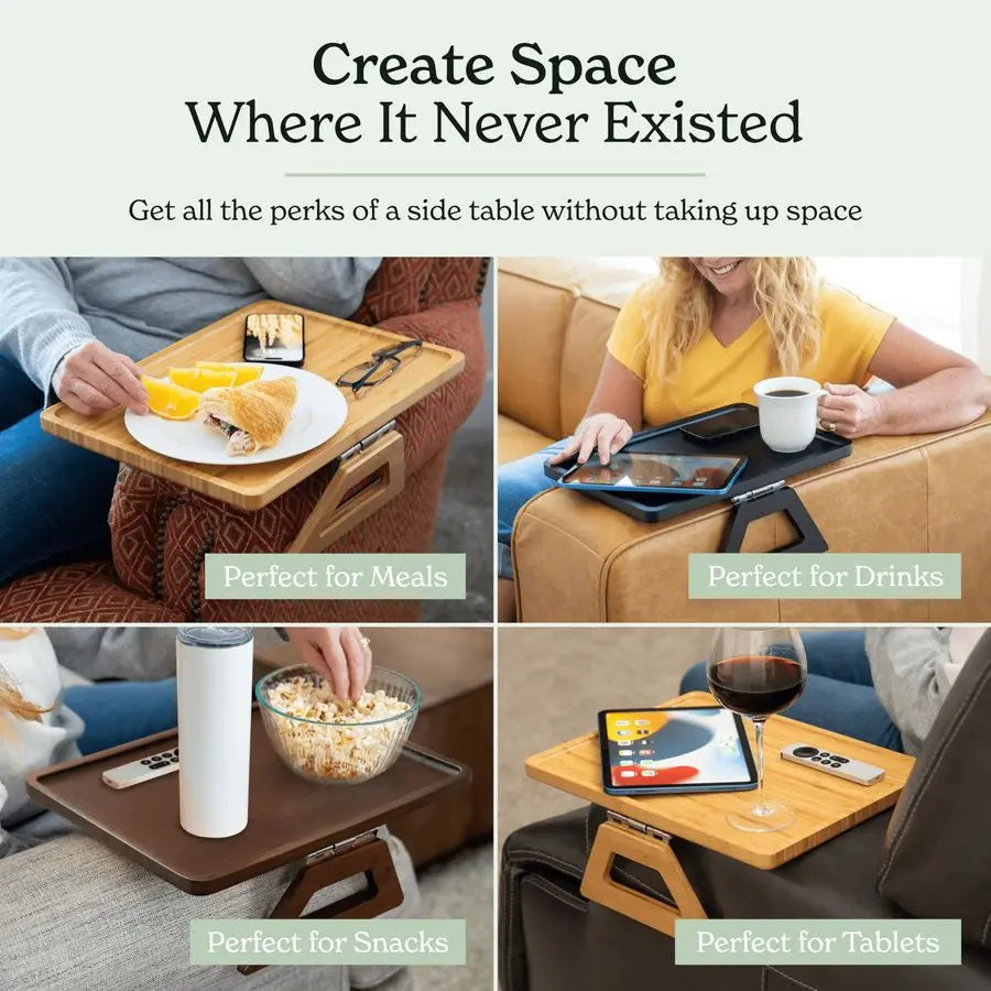 Bamboo Trayble Couch Arm Table, Clip On Tray Sofa Table for Couches. Sofa Arm Tray for TV Dinners, Remotes, Drinks, Snacks and S
