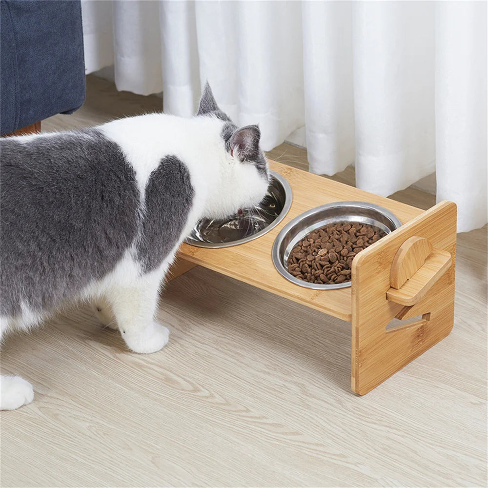 Adjustable Bamboo Raised Dog Bowl Stand with Stainless Steel Bowls