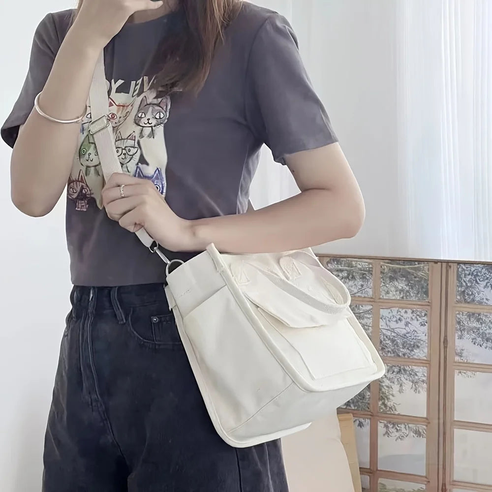 NONECN Small Canvas Tote Bag With Pockets Crossbody For Women