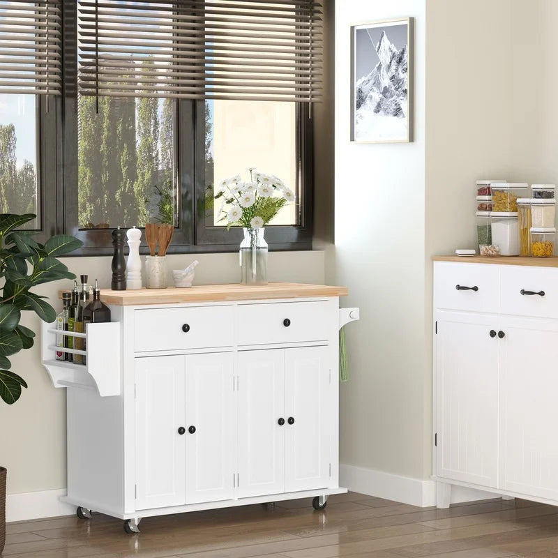 HOMCOM Rolling Kitchen Island With Wood Top Spice Rack Drawers