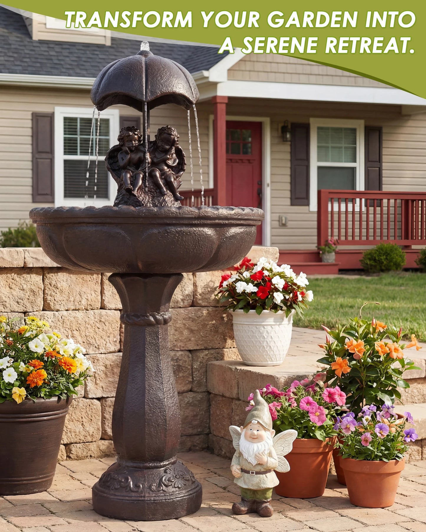 Solar Outdoor Water Fountain Cascading Waterfall With Whisper Quiet Pump
