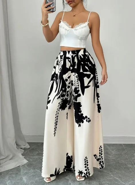 Women Floral Print Palazzo Pants Elastic High Waist Casual