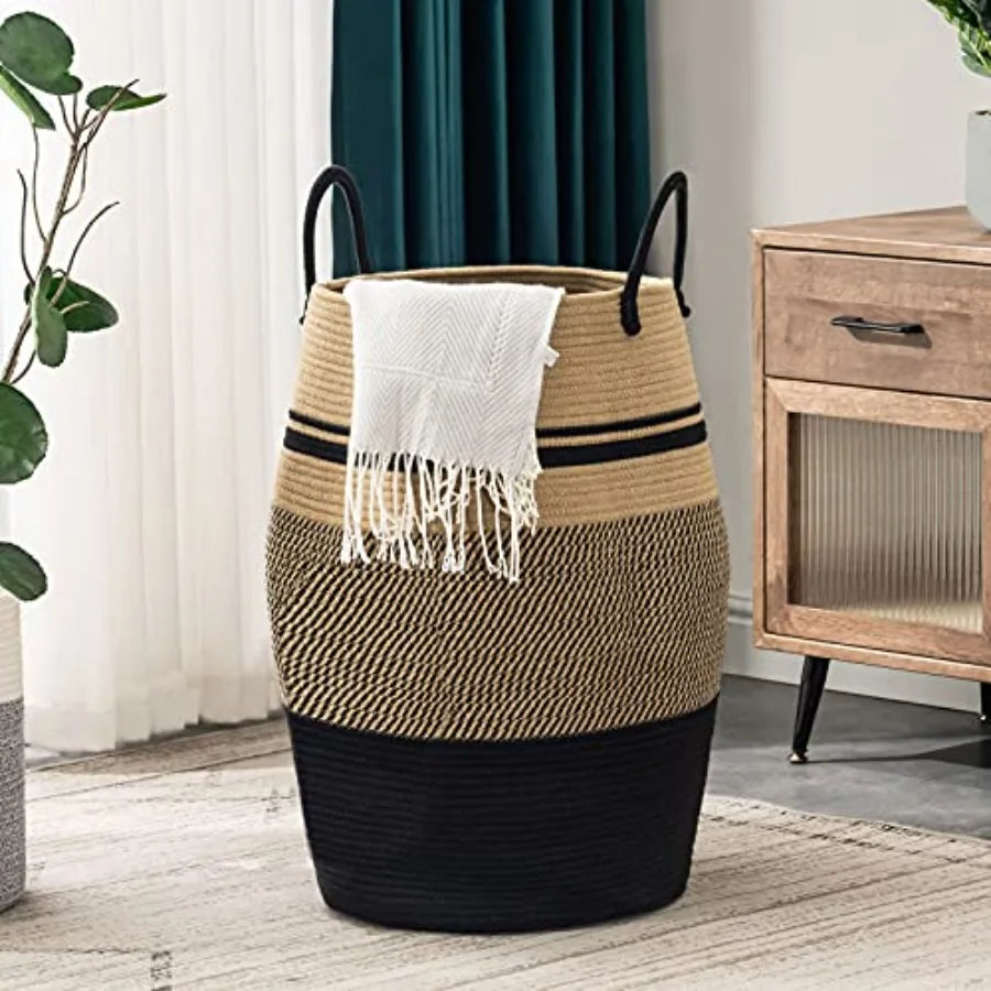 Cotton Rope Laundry Hamper by, 105L - Woven Collapsible Laundry Basket - Clothes Storage Basket for Blankets organizing, Bedroo