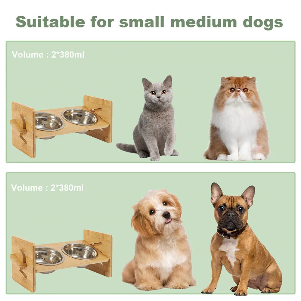 Adjustable Bamboo Raised Dog Bowl Stand with Stainless Steel Bowls