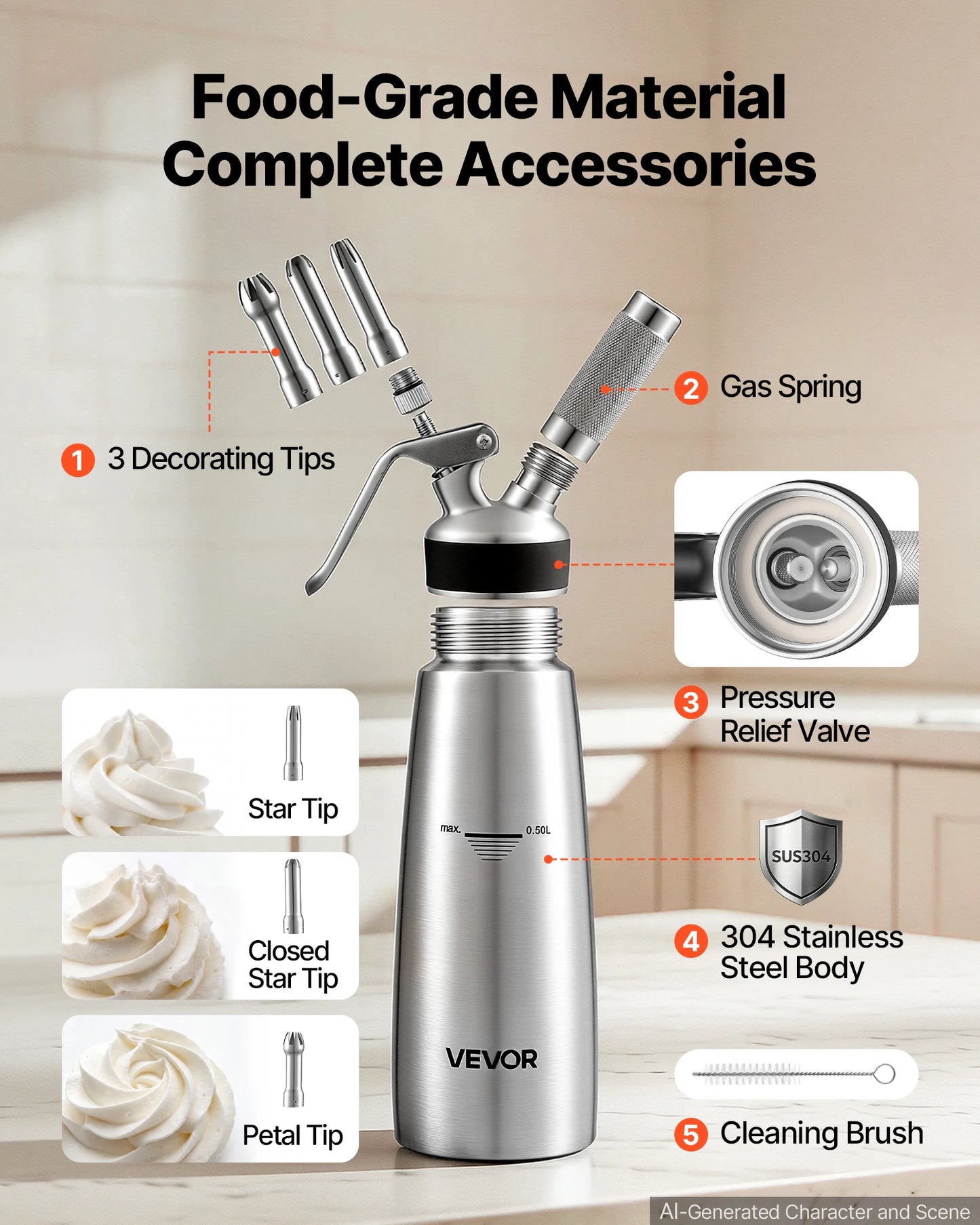 SucceBuy Professional 304 Stainless Steel Whipped Cream Dispenser 500/1000ml Leak-Free Cream Canister with 3 Decorating Nozzles