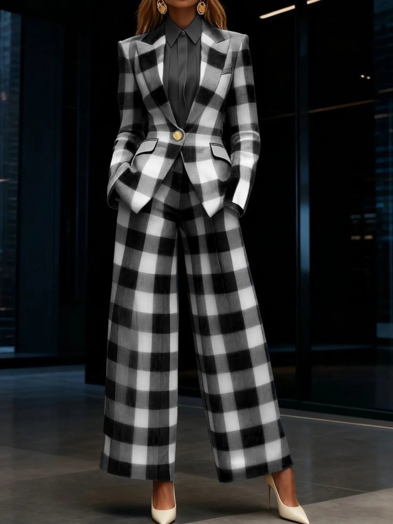 Women Plaid Blazer Wide Leg Pants Formal Two Piece Suit