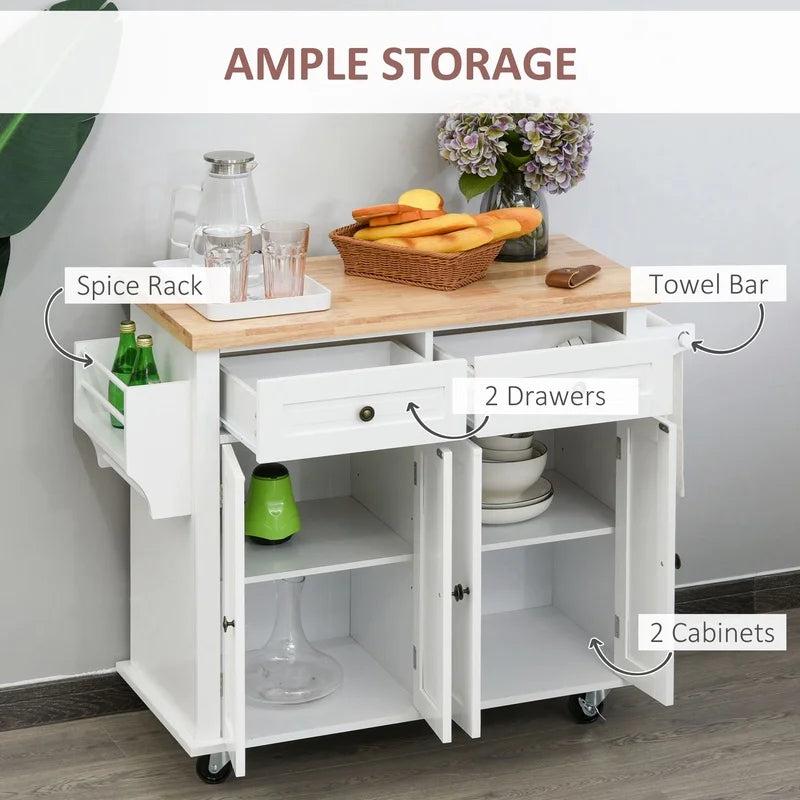 HOMCOM Rolling Kitchen Island With Wood Top Spice Rack Drawers
