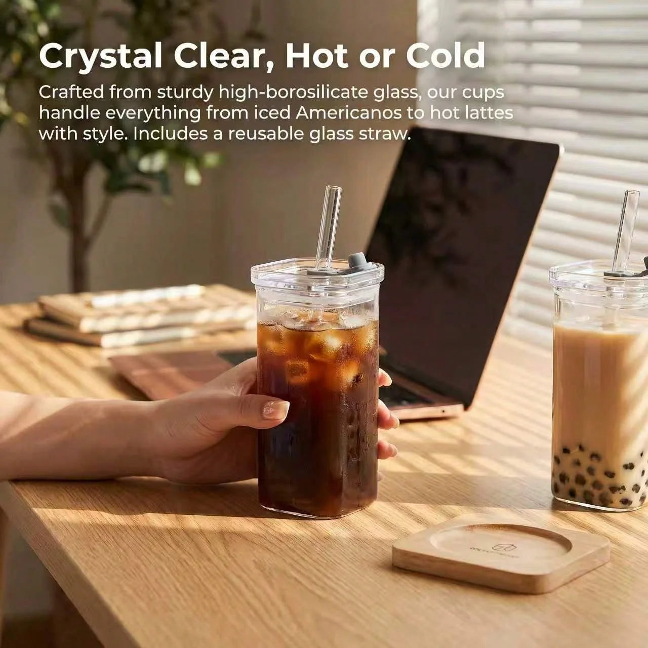 4Pcs Square Glass Cups Set 13oz Coffee Mugs With Lids Straws BPA Free With Cleaning Brush For Home Office School Outdoor Wedding Gift Drinkware