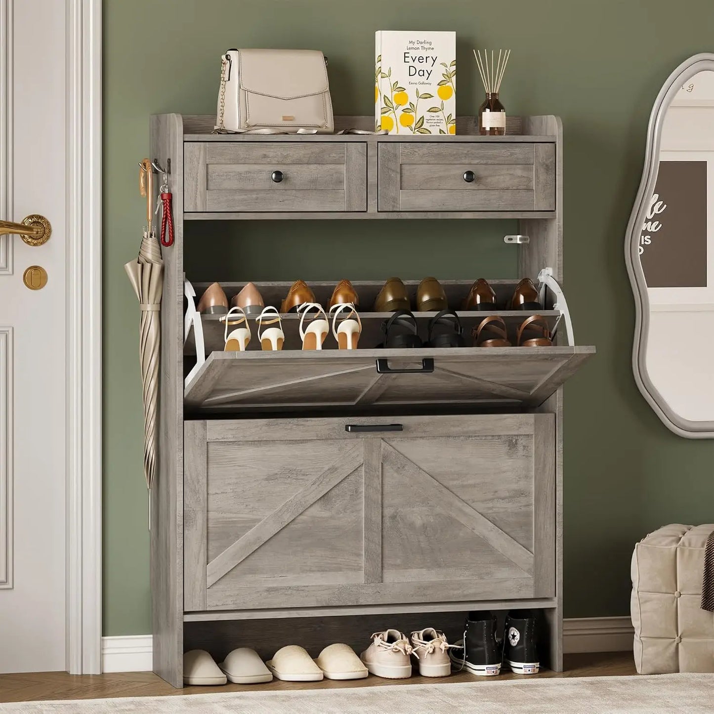 Shoe Storage Cabinet For Entryway Narrow With Drawers And Hooks