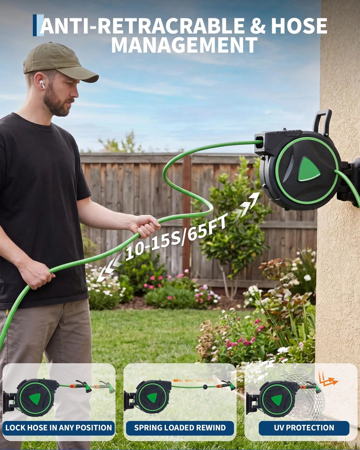 DishyKooker Retractable Garden Hose Reel Wall Mount Auto Rewind