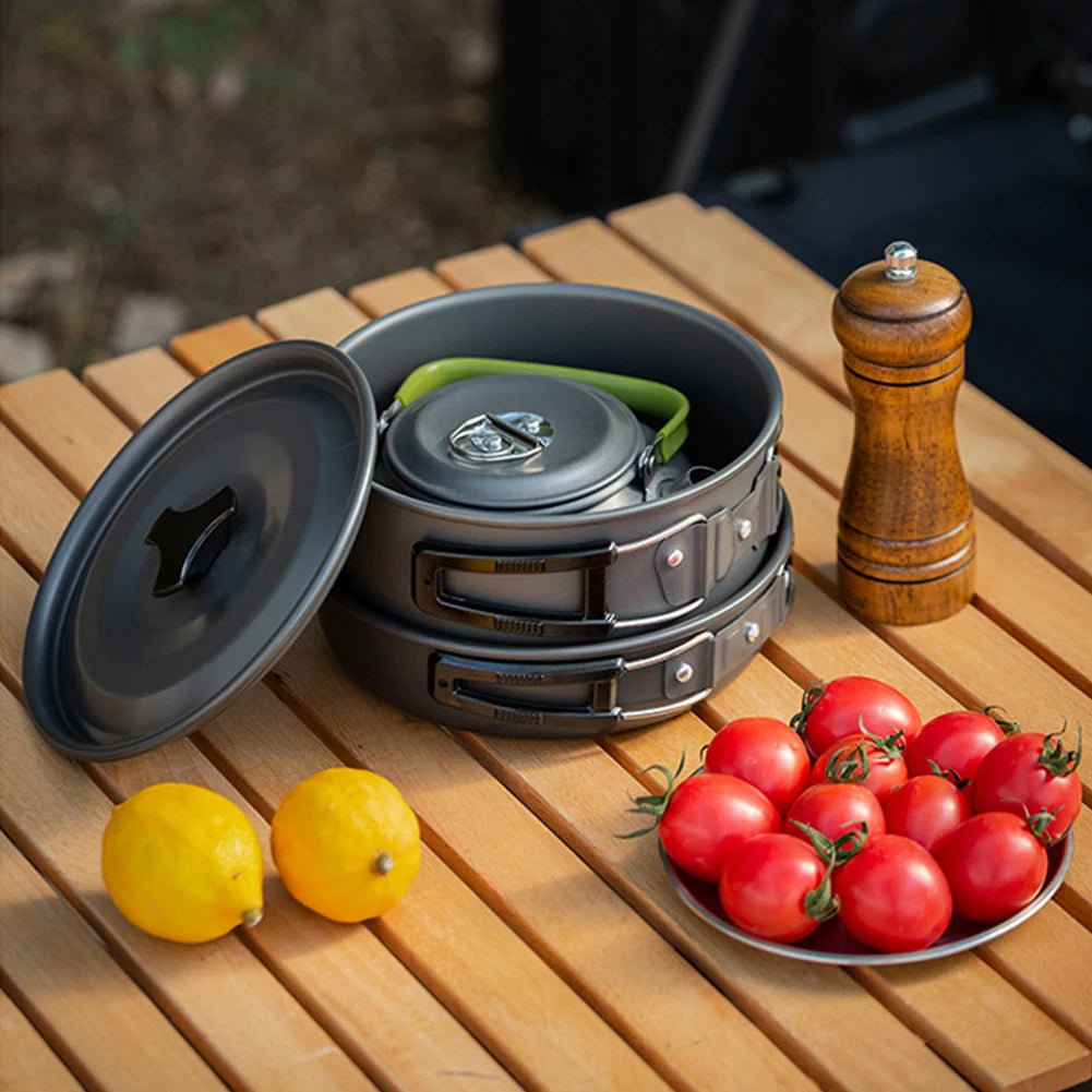 APWIKOGER Camping Cookware Set 3 Pcs Pot Pan Kettle With Mesh Bag